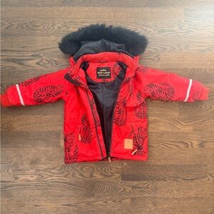 Mini Rodini Red Tiger Print Jacket with Black Fur Hood Size 3-5 years UNISEX
